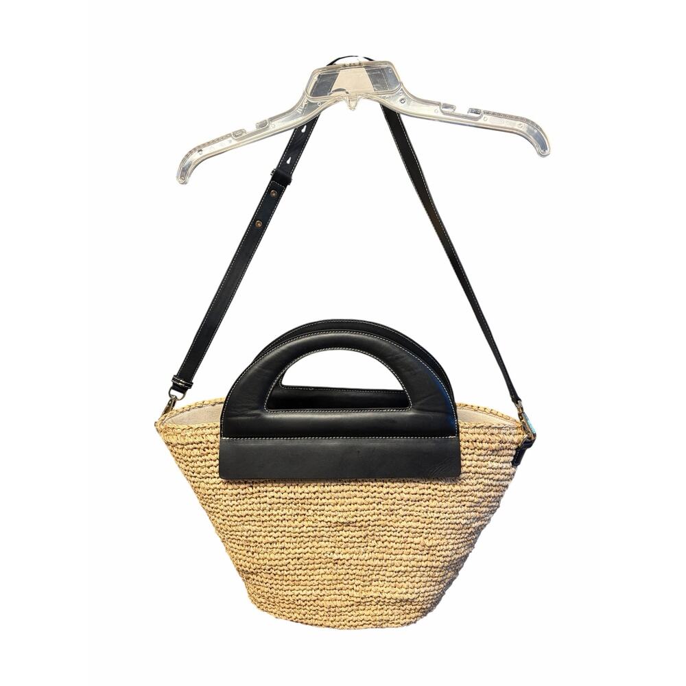 Jason Wu Raffia Floral Tote Bag Black Leather Top Handle Crossbody Purse - Picture 3 of 11